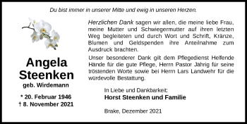 Traueranzeige von Angela Steenken von Nordwest-Zeitung