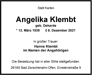 Traueranzeige von Angelika Klembt von Nordwest-Zeitung