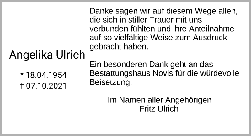  Traueranzeige für Angelika Ulrich vom 11.12.2021 aus Nordwest-Zeitung