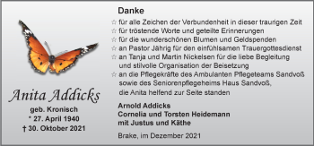 Traueranzeige von Anita Addicks von Nordwest-Zeitung