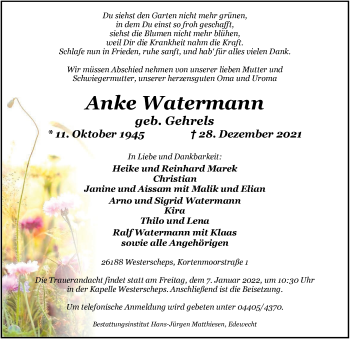 Traueranzeige von Anke Watermann von Nordwest-Zeitung