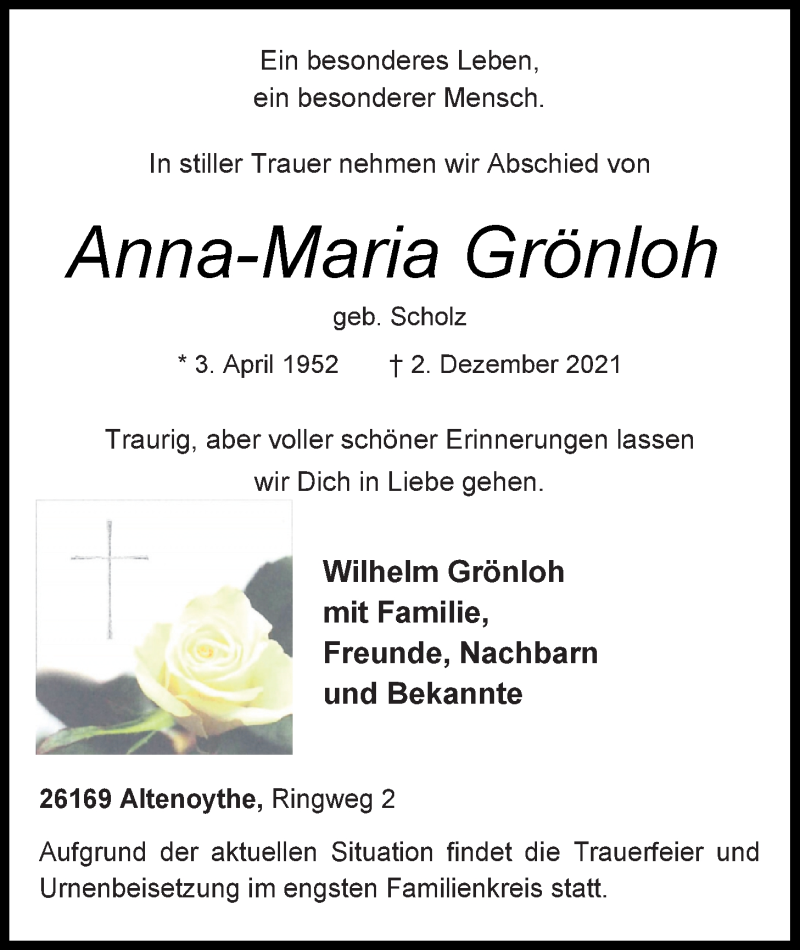  Traueranzeige für Anna-Maria Grönloh vom 07.12.2021 aus Nordwest-Zeitung