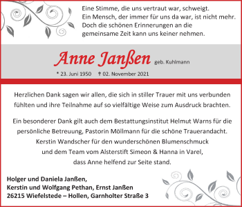 Traueranzeige von Anne Janßen von Nordwest-Zeitung
