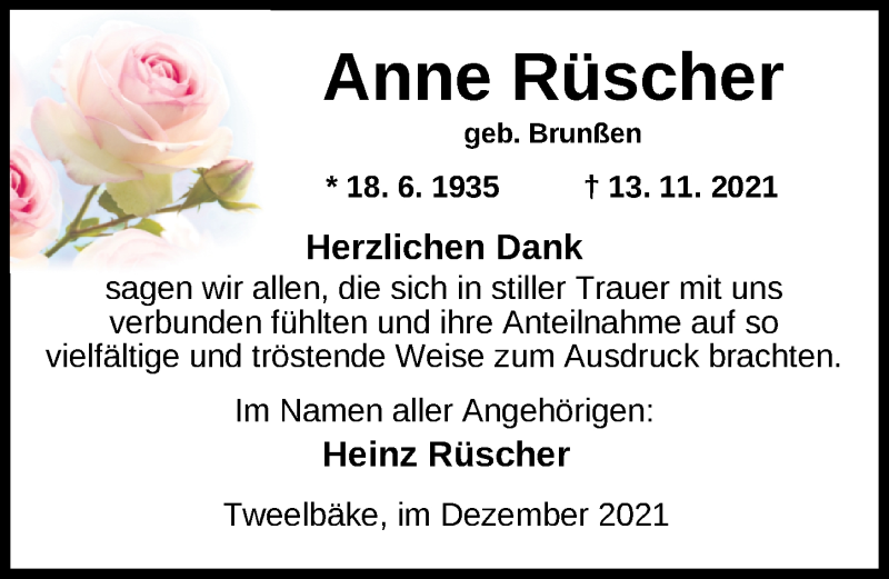  Traueranzeige für Anne Rüscher vom 18.12.2021 aus Nordwest-Zeitung