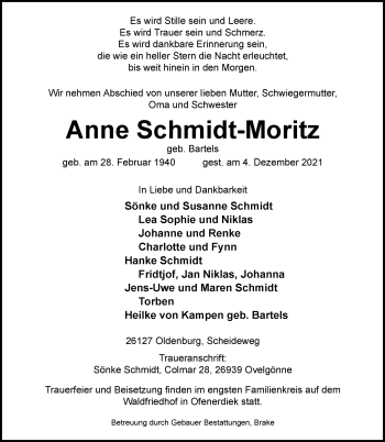 Traueranzeige von Anne Schmidt-Moritz von Nordwest-Zeitung