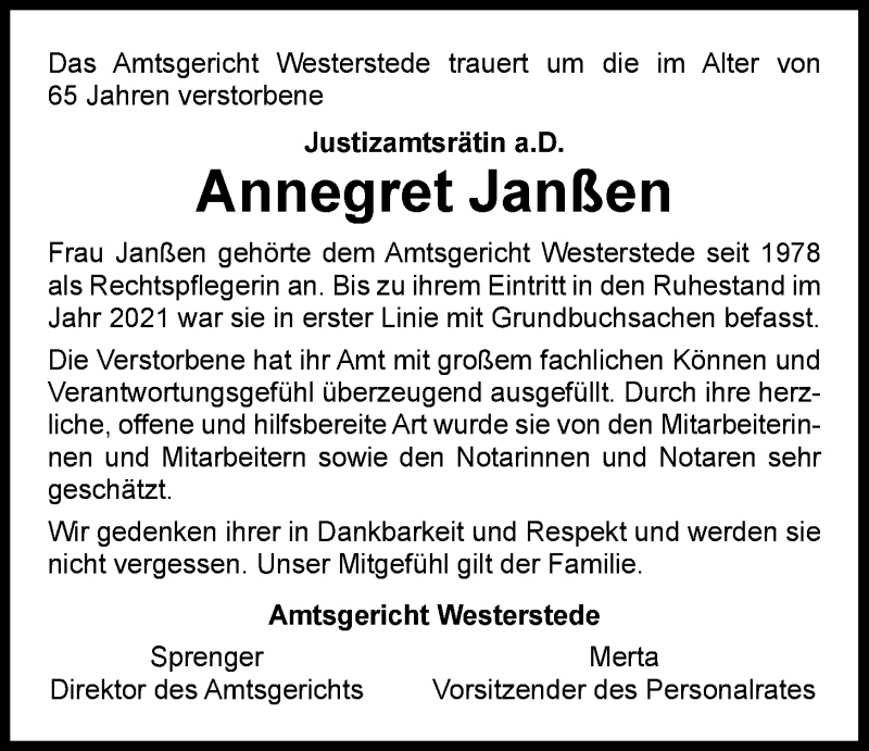  Traueranzeige für Annegret Janßen vom 15.12.2021 aus Nordwest-Zeitung