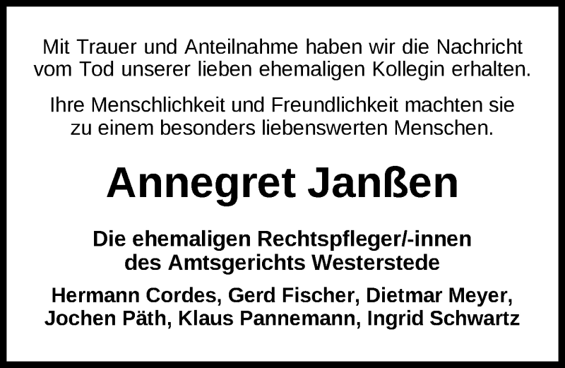 Traueranzeige für Annegret Janßen vom 15.12.2021 aus Nordwest-Zeitung
