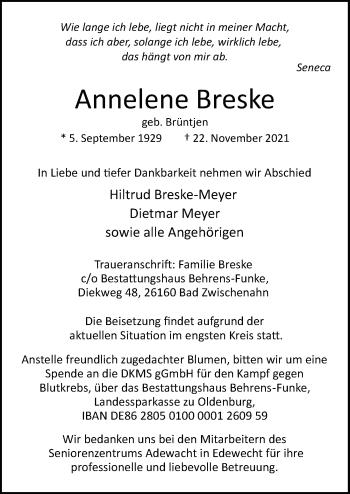 Traueranzeigen Von Annelene Breske | Nordwest-trauer.de