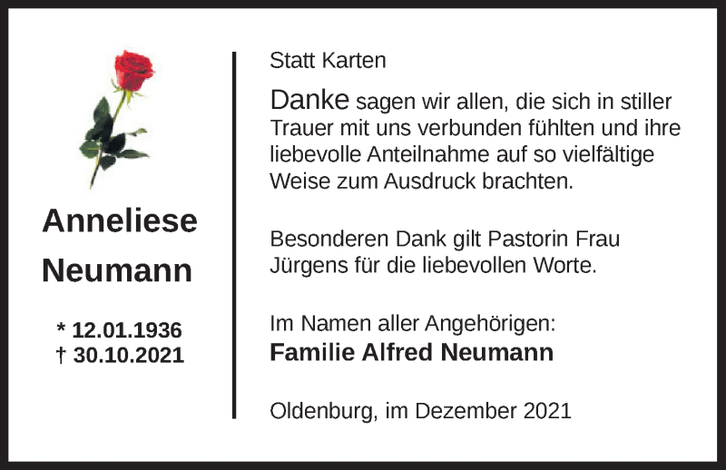  Traueranzeige für Anneliese Neumann vom 04.12.2021 aus Nordwest-Zeitung