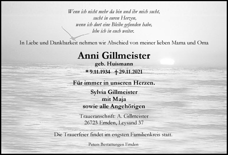  Traueranzeige für Anni Gillmeister vom 04.12.2021 aus Emder Zeitung