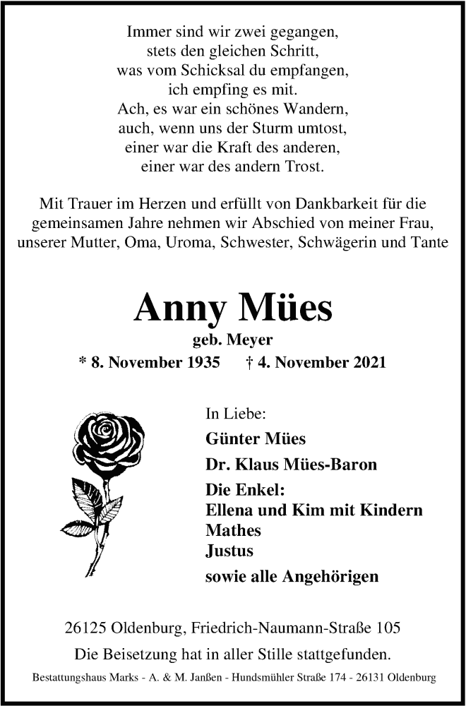  Traueranzeige für Anny Mües vom 04.12.2021 aus Nordwest-Zeitung