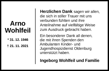 Traueranzeige von Arno Wohlfeil von Nordwest-Zeitung