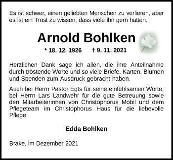 Traueranzeige von Arnold Bohlen von Nordwest-Zeitung