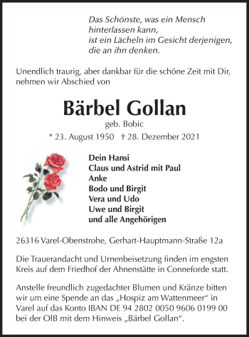 Traueranzeige von Bärbel Gollan von Nordwest-Zeitung