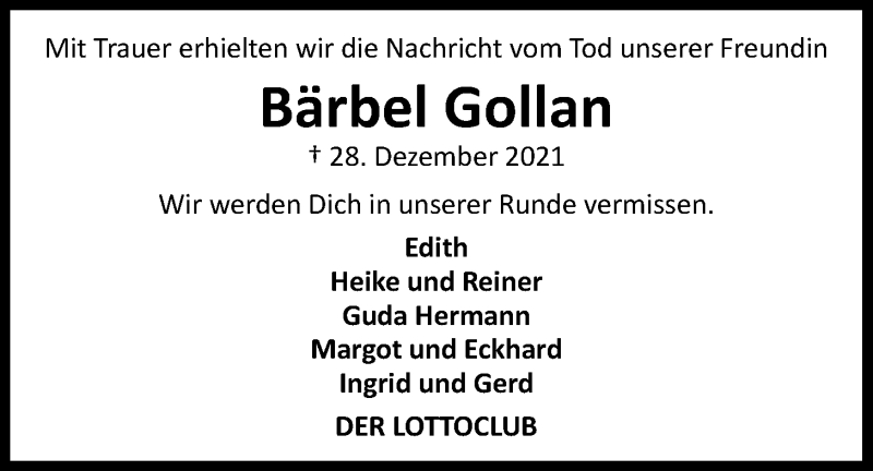  Traueranzeige für Bärbel Gollan vom 31.12.2021 aus Nordwest-Zeitung