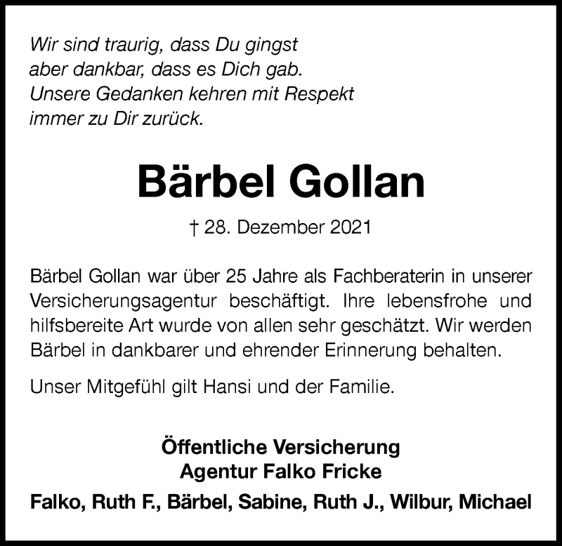  Traueranzeige für Bärbel Gollan vom 31.12.2021 aus Nordwest-Zeitung