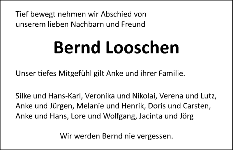  Traueranzeige für Bernd Looschen vom 30.12.2021 aus Nordwest-Zeitung