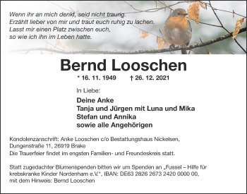 Traueranzeige von Bernd Looschen von Nordwest-Zeitung