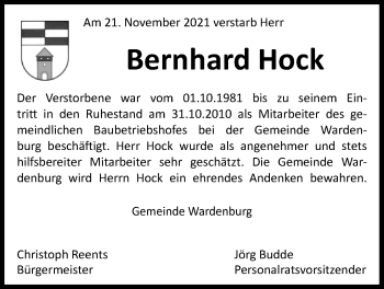 Traueranzeige von Bernhard Hock von Nordwest-Zeitung