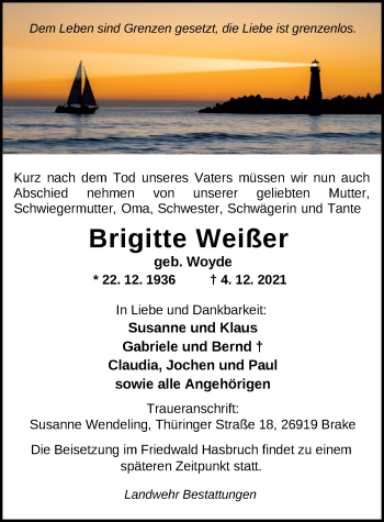 Traueranzeige von Brigitte Weißer von Nordwest-Zeitung