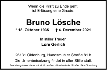 Traueranzeige von Bruno Lösche von Nordwest-Zeitung