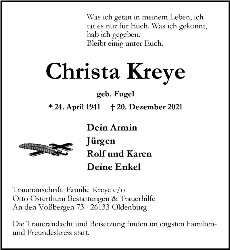  Traueranzeige für Christa Kreye vom 24.12.2021 aus Nordwest-Zeitung