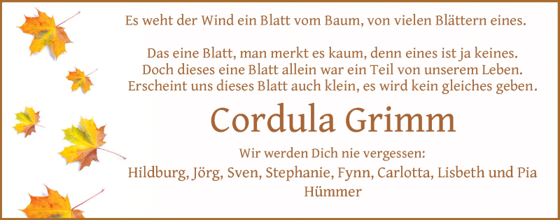  Traueranzeige für Cordula Grimm vom 04.12.2021 aus Nordwest-Zeitung