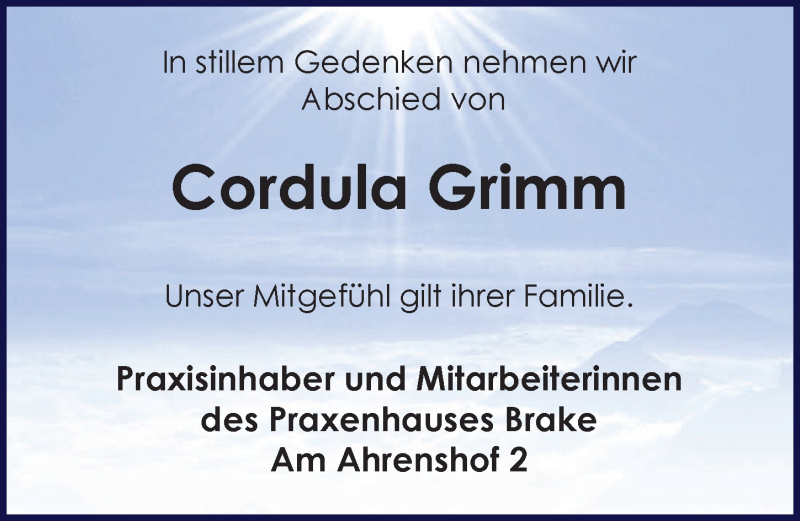  Traueranzeige für Cordula Grimm vom 04.12.2021 aus Nordwest-Zeitung