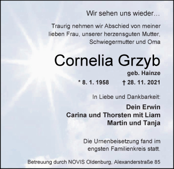 Traueranzeige von Cornelia Grzyb von Nordwest-Zeitung