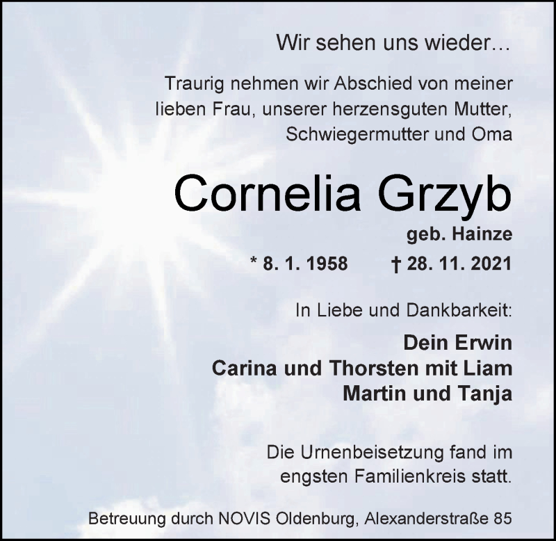  Traueranzeige für Cornelia Grzyb vom 17.12.2021 aus Nordwest-Zeitung