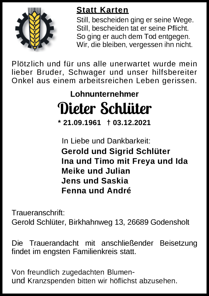  Traueranzeige für Dieter Schlüter vom 07.12.2021 aus Nordwest-Zeitung