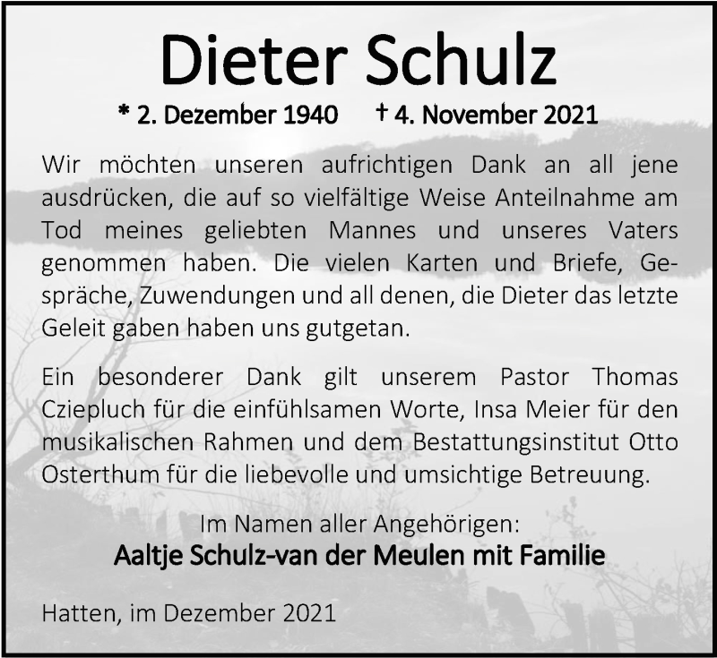 Traueranzeige für Dieter Schulz vom 07.12.2021 aus Nordwest-Zeitung