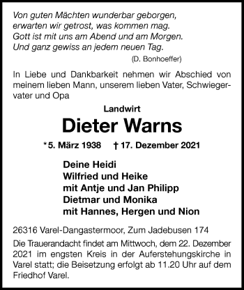Traueranzeige von Dieter Warns von Nordwest-Zeitung