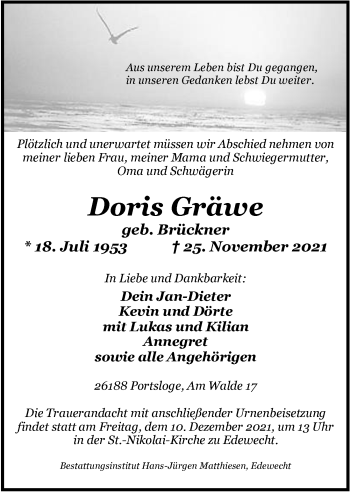 Traueranzeige von Doris Gräwe von Nordwest-Zeitung