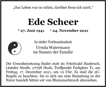 Traueranzeige von Eduard Scheer von Nordwest-Zeitung