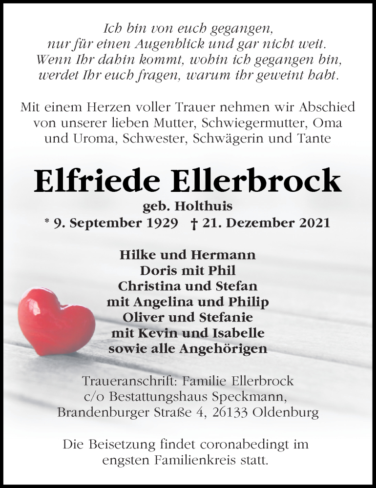  Traueranzeige für Elfriede Ellerbrock vom 24.12.2021 aus Nordwest-Zeitung