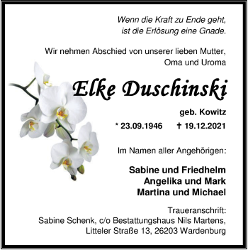 Traueranzeige von Elke Duschinski von Nordwest-Zeitung