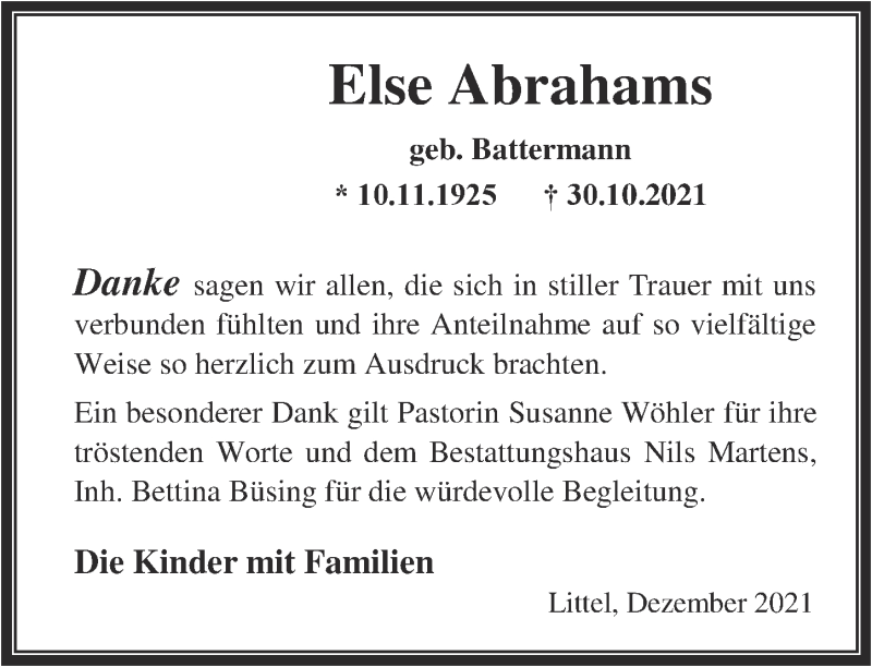  Traueranzeige für Else Abrahams vom 04.12.2021 aus Nordwest-Zeitung