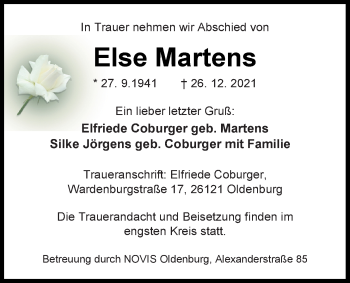 Traueranzeige von Else Martens von Nordwest-Zeitung