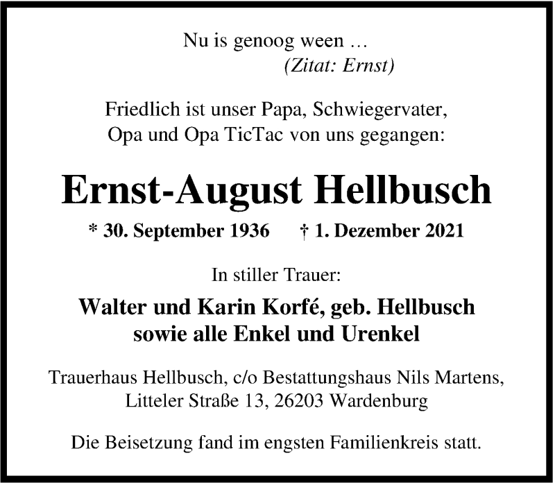  Traueranzeige für Ernst-August Hellbusch vom 15.12.2021 aus Nordwest-Zeitung
