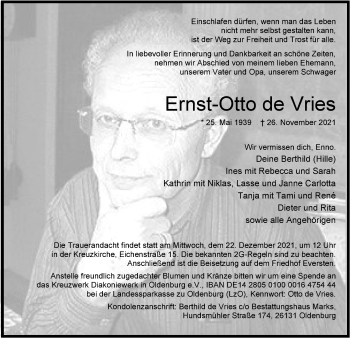 Traueranzeige von Ernst-Otto de Vries von Nordwest-Zeitung