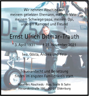 Traueranzeige von Ernst Ulrich Ditmar-Trauth von Nordwest-Zeitung