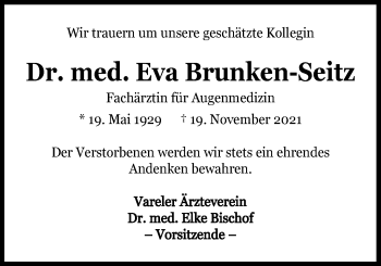 Traueranzeige von Eva Brunken-Seitz von Nordwest-Zeitung