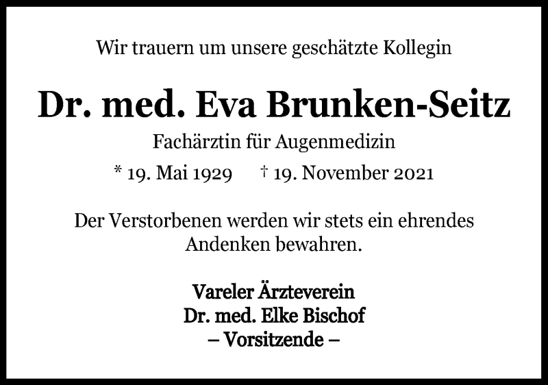  Traueranzeige für Eva Brunken-Seitz vom 02.12.2021 aus Nordwest-Zeitung