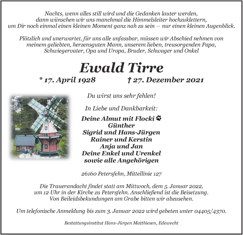  Traueranzeige für Ewald Tirre vom 31.12.2021 aus Nordwest-Zeitung