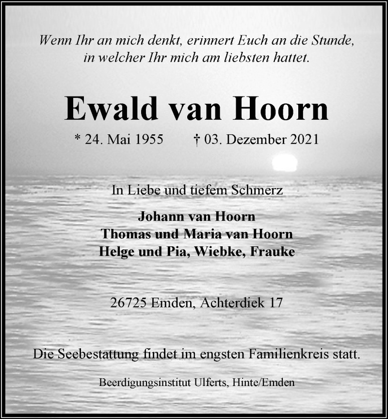  Traueranzeige für Ewald van Hoorn vom 07.12.2021 aus Emder Zeitung