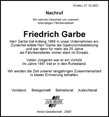 Traueranzeige von Friedrich Garbe von Emder Zeitung