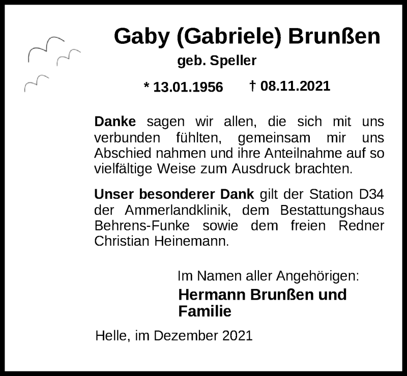  Traueranzeige für Gaby Brunßen vom 18.12.2021 aus Nordwest-Zeitung