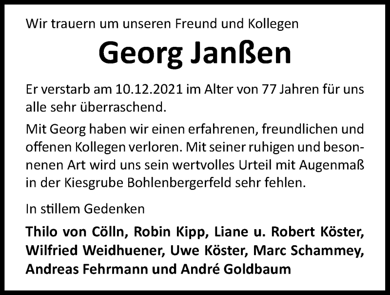  Traueranzeige für Georg Janßen vom 14.12.2021 aus Nordwest-Zeitung