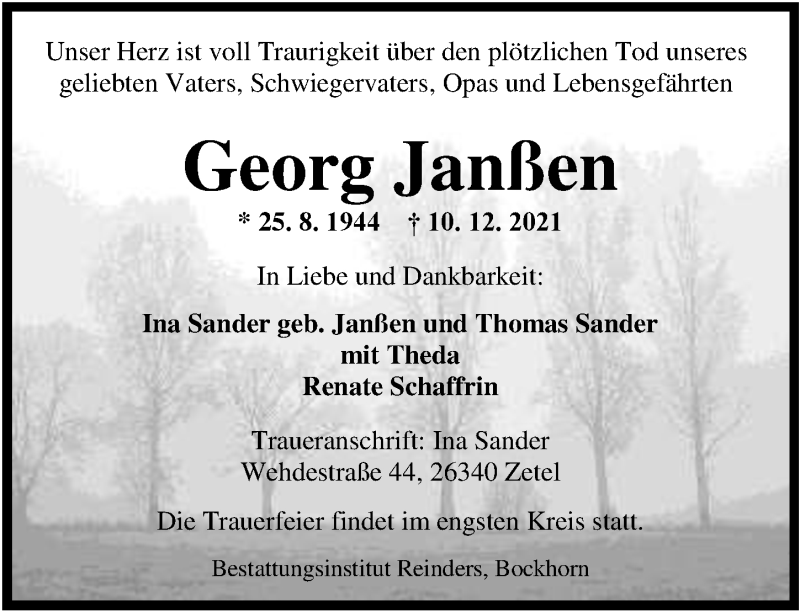  Traueranzeige für Georg Janßen vom 14.12.2021 aus Nordwest-Zeitung